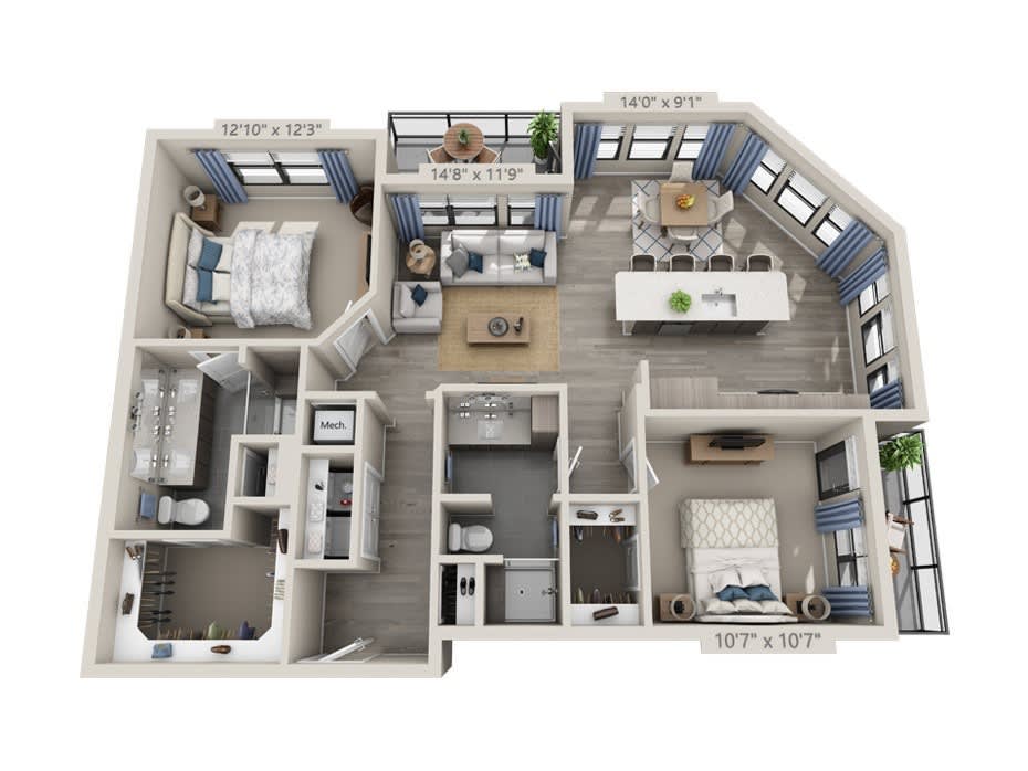 A 3D floor plan of a two-bedroom apartment featuring a modern open kitchen, living area, and two bathrooms.