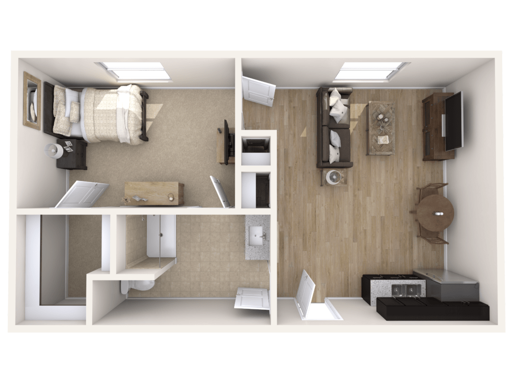 A top-view floor plan of a modern apartment showcasing the bedroom, living room, and kitchen areas.