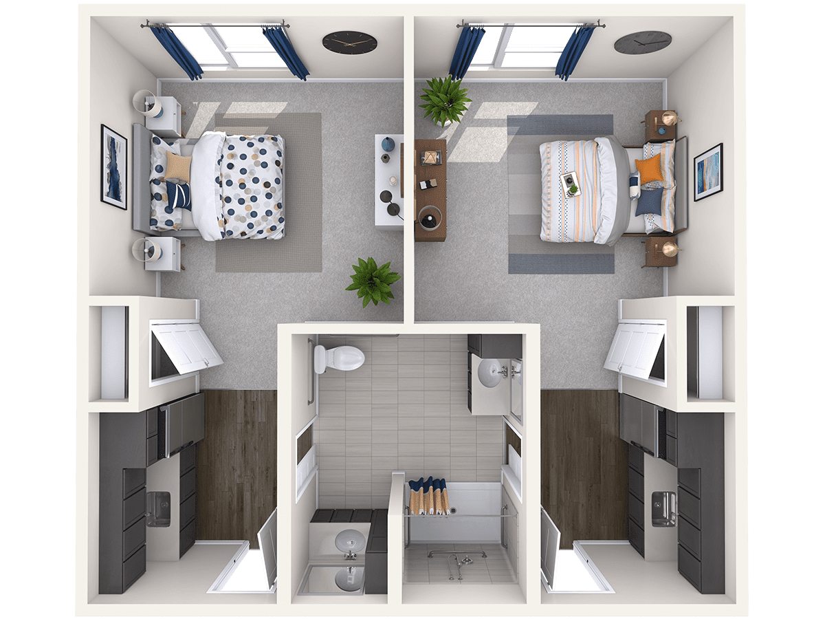 A top-down view of a modern two-bedroom apartment layout with shared amenities.
