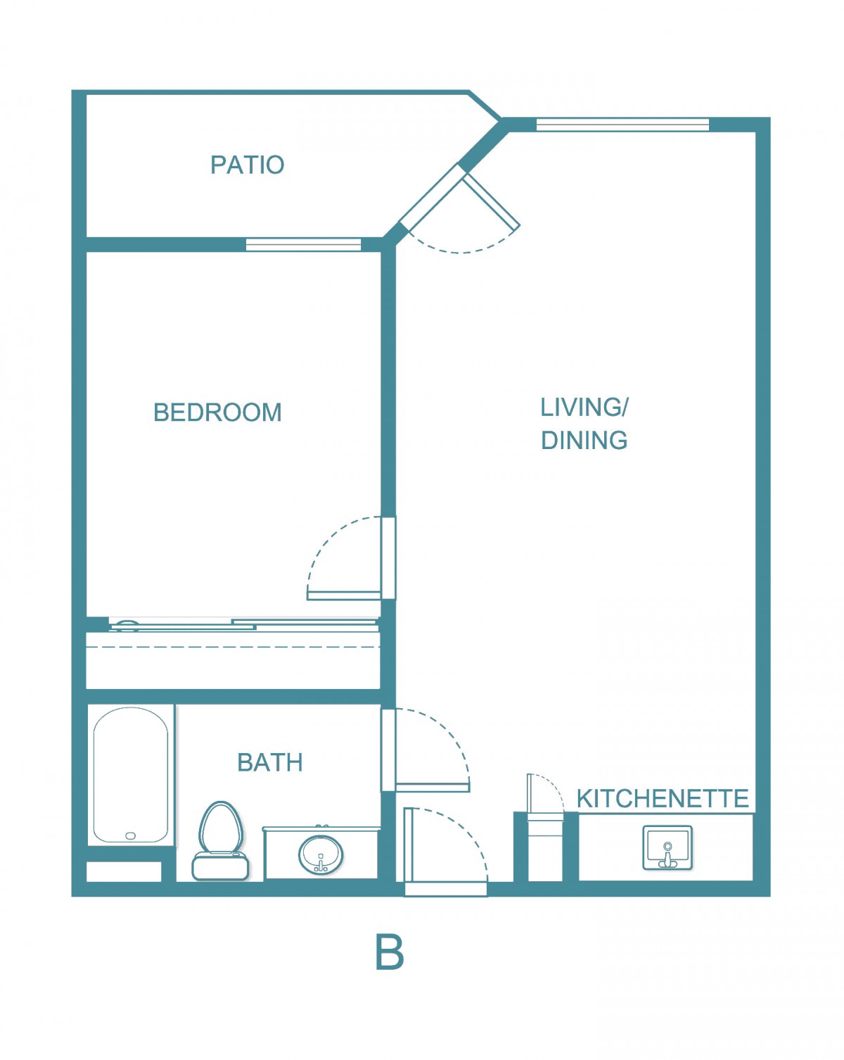 A floor plan of a one-bedroom apartment featuring a living/dining area, kitchenette, bathroom, bedroom, and patio.