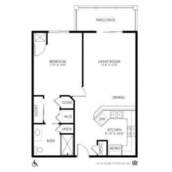 Floor plan of a one-bedroom apartment with living room, kitchen, bathroom, and balcony.