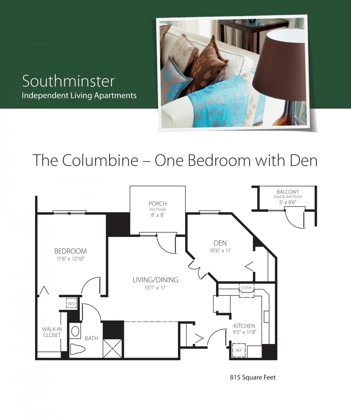 Floor plan of 'The Columbine' one-bedroom apartment with a den at Southminster.