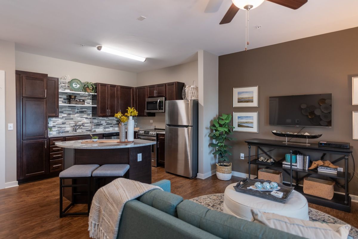 A modern open-concept living space with a cozy kitchen and stylish decor.