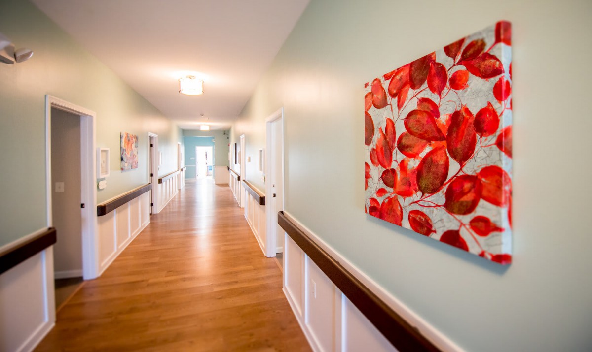 A brightly lit hallway with decorative paintings and a wooden floor.