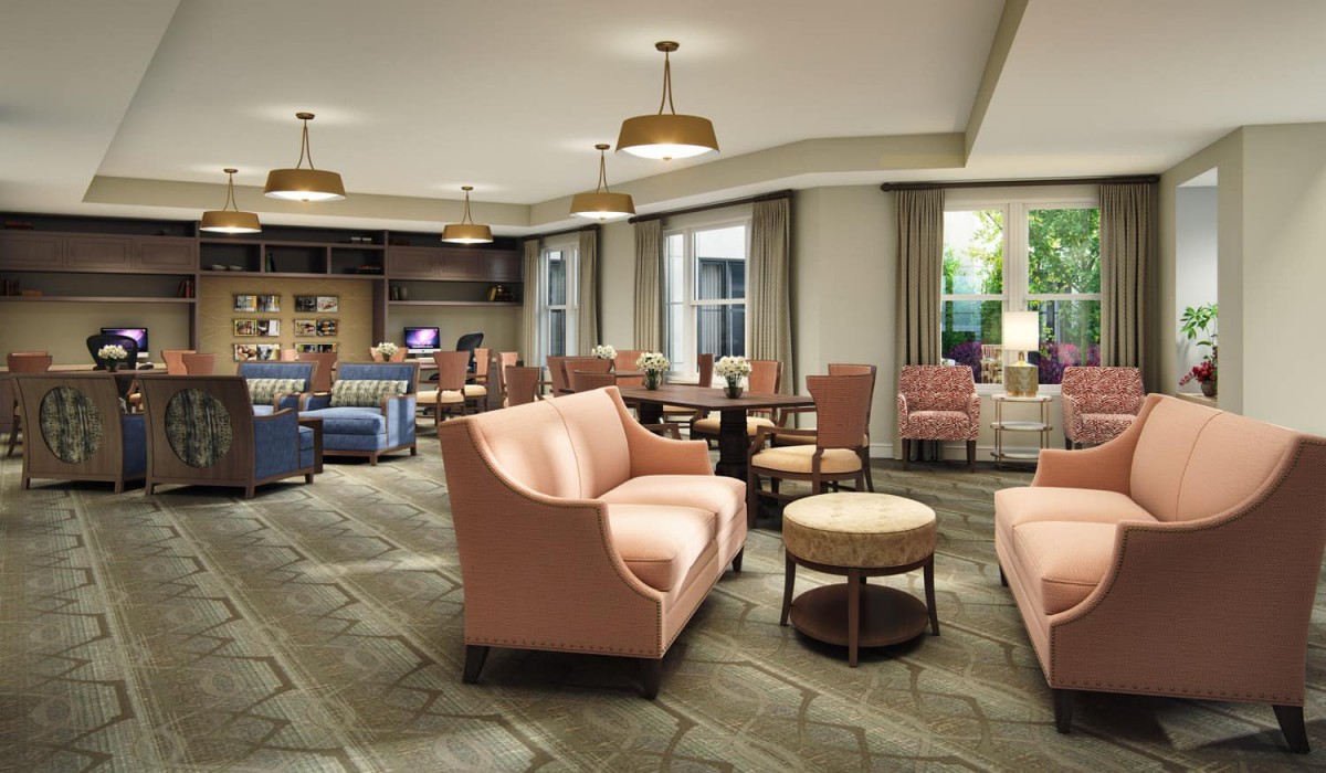 A modern lounge area with comfortable seating and stylish decor.