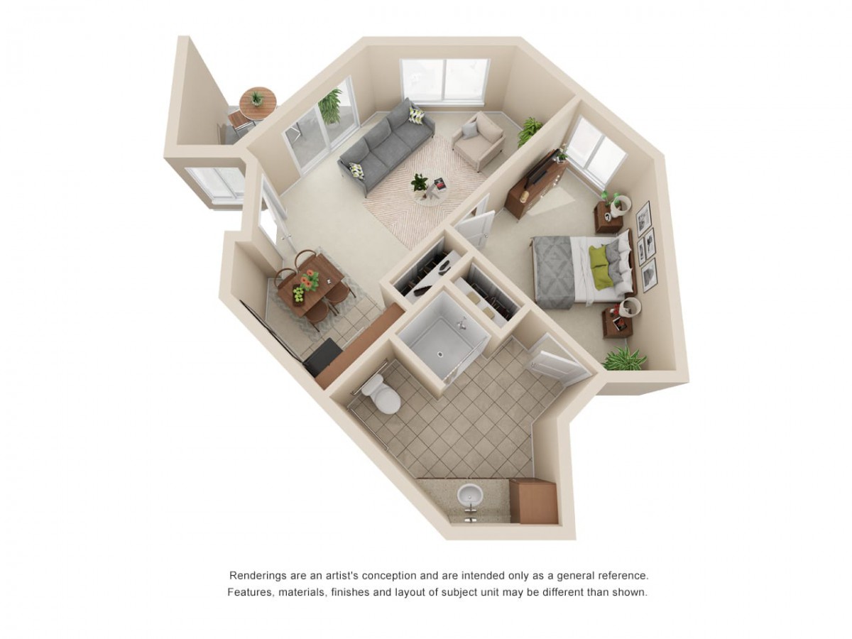 A 3D floor plan of a one-bedroom apartment showcasing the layout of the living room, kitchen, bathroom, and bedroom.