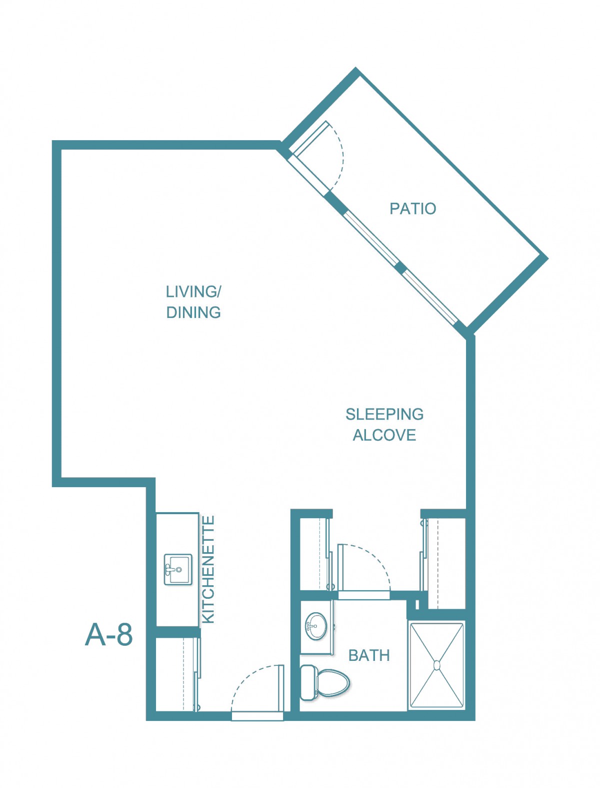 A floor plan of a studio apartment featuring a living/dining area, sleeping alcove, kitchen, bathroom, and patio.