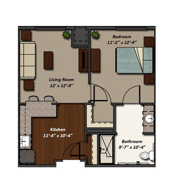 A floor plan depicting a compact apartment with a living room, kitchen, bedroom, and bathroom.