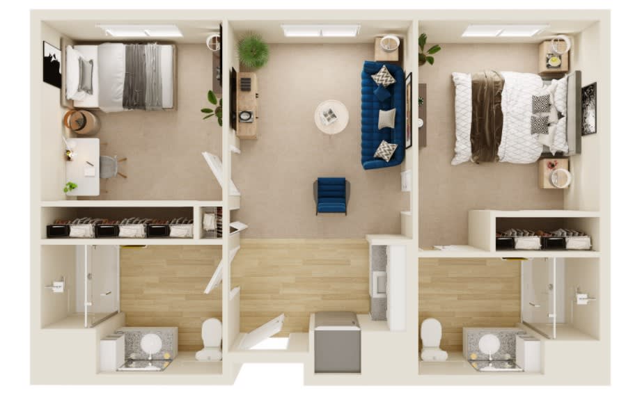 A top-down view of a modern apartment floor plan featuring a bedroom, living room, kitchen, and bathroom.