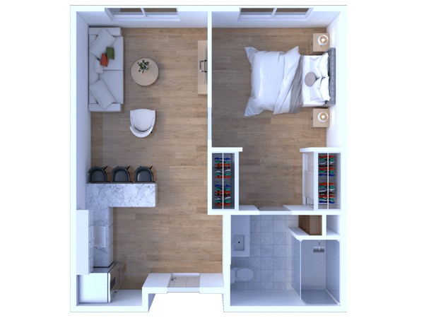 A floor plan of a compact one-bedroom apartment featuring a kitchen, living area, and bathroom.