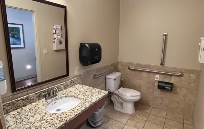 A clean, accessible bathroom with a sink, toilet, and safety features.