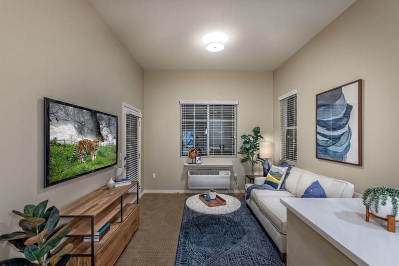 A cozy and modern living room with a comfortable sofa, wall-mounted TV, and stylish decor.