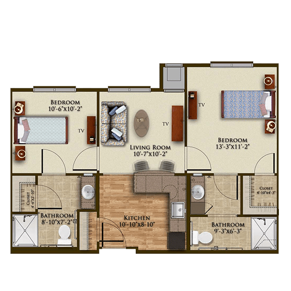 A detailed floor plan of a two-bedroom apartment with a living room, kitchen, and two bathrooms.