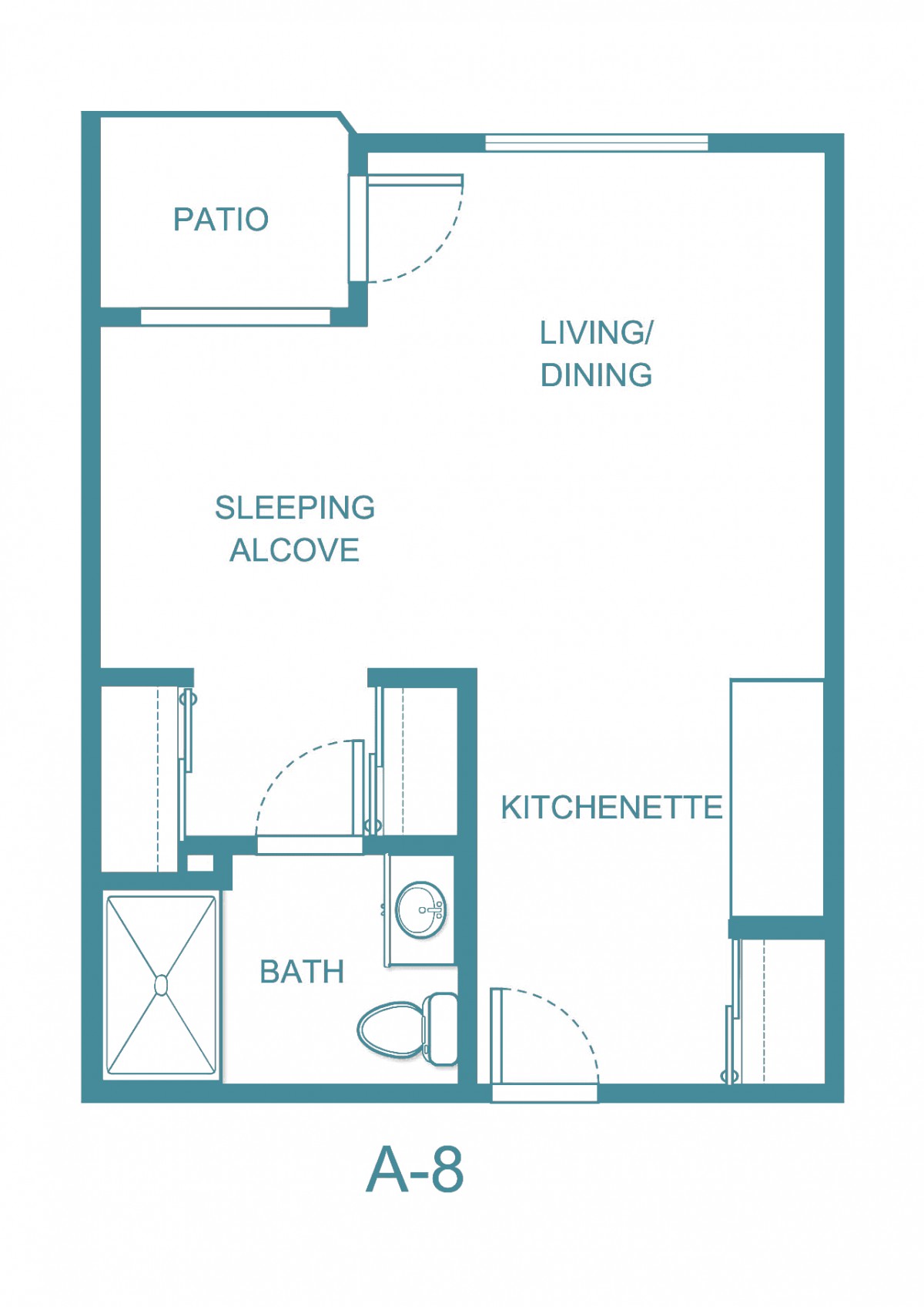 Floor plan of a studio apartment featuring a living and dining area, sleeping alcove, kitchenette, bathroom, and patio.