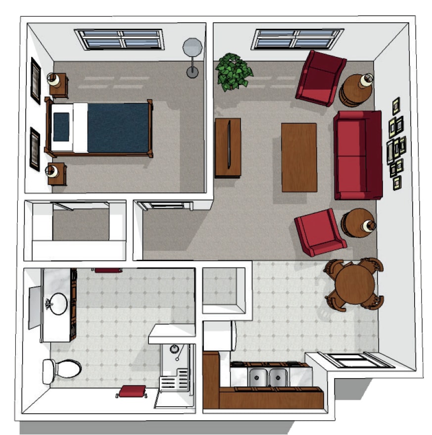 A detailed floor plan of a one-bedroom apartment, showcasing the layout of the living room, kitchen, bathroom, and bedroom with furniture placement.