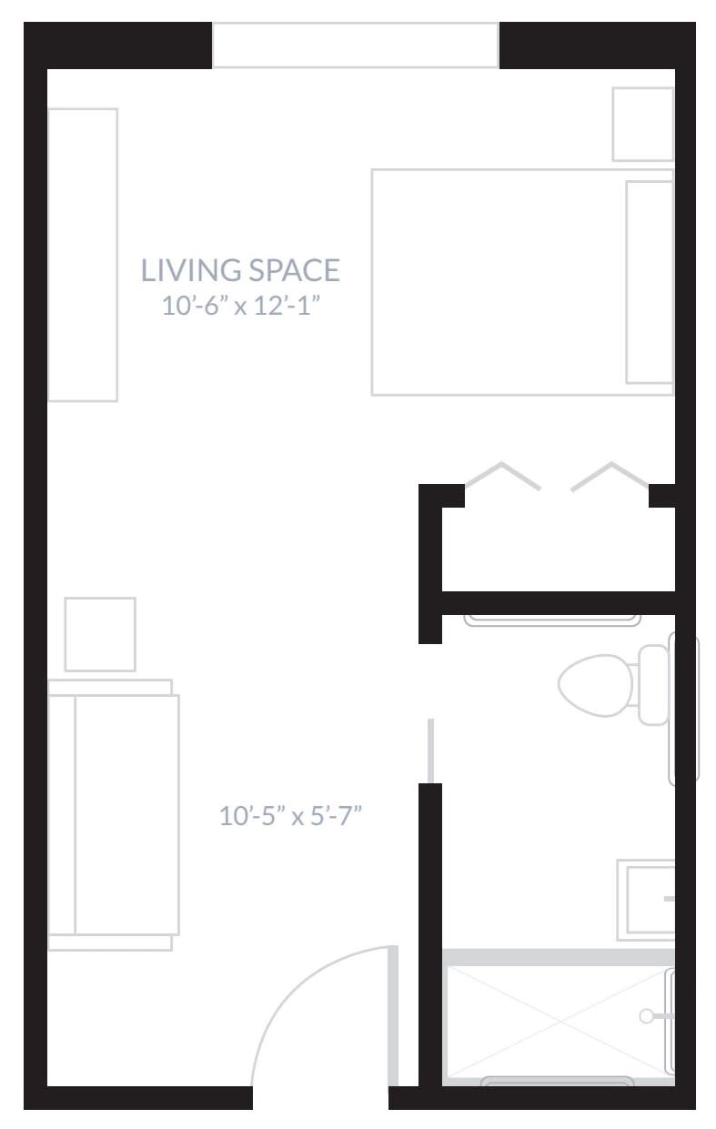A simple studio apartment floor plan with living space and bathroom.