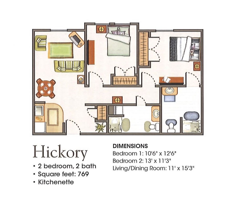 Hickory floor plan featuring a 2-bedroom, 2-bathroom layout with a kitchenette, covering 760 square feet.
