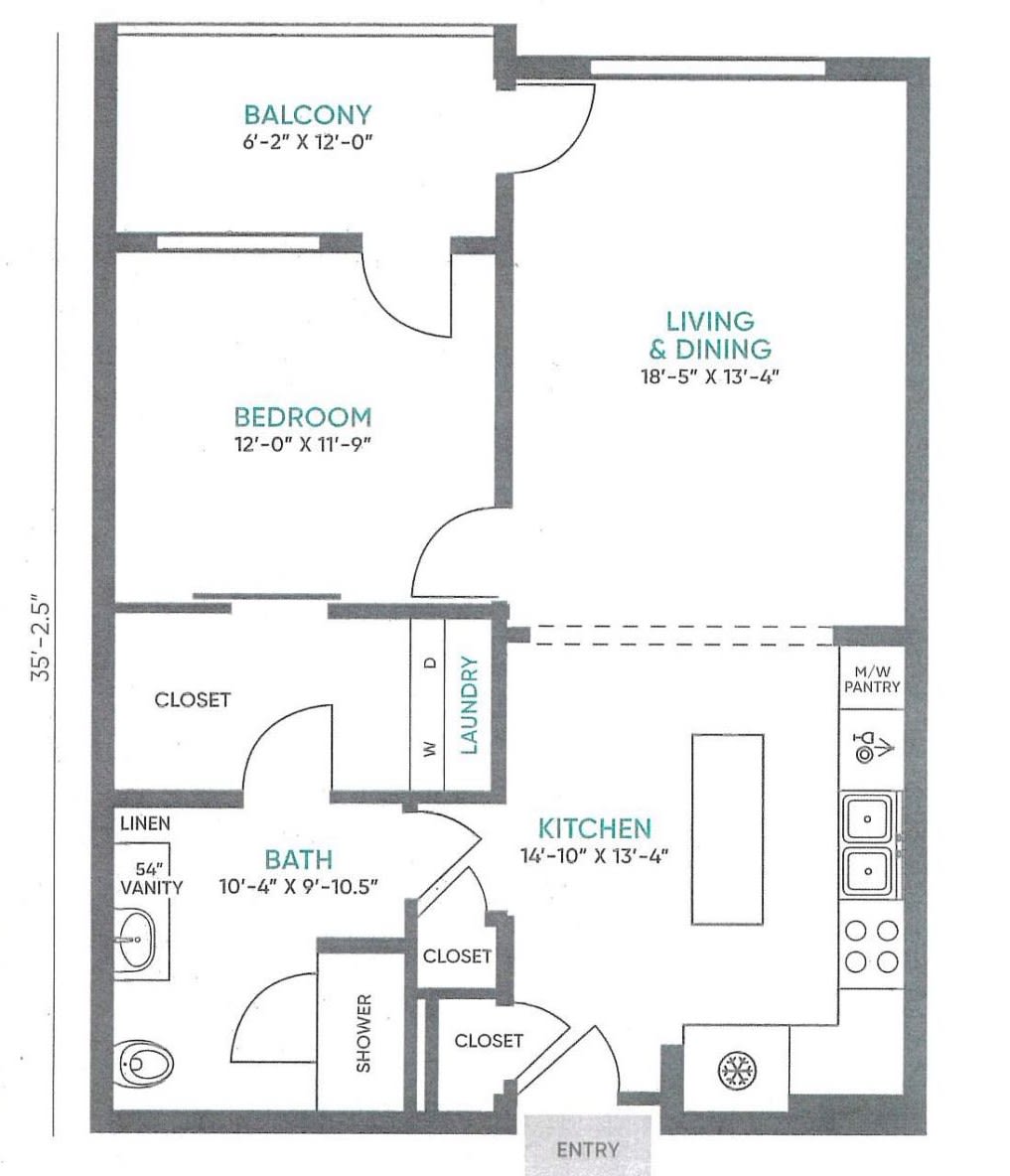 A detailed floor plan of an apartment showing the layout of rooms including a bedroom, living and dining area, bathroom, and kitchen.