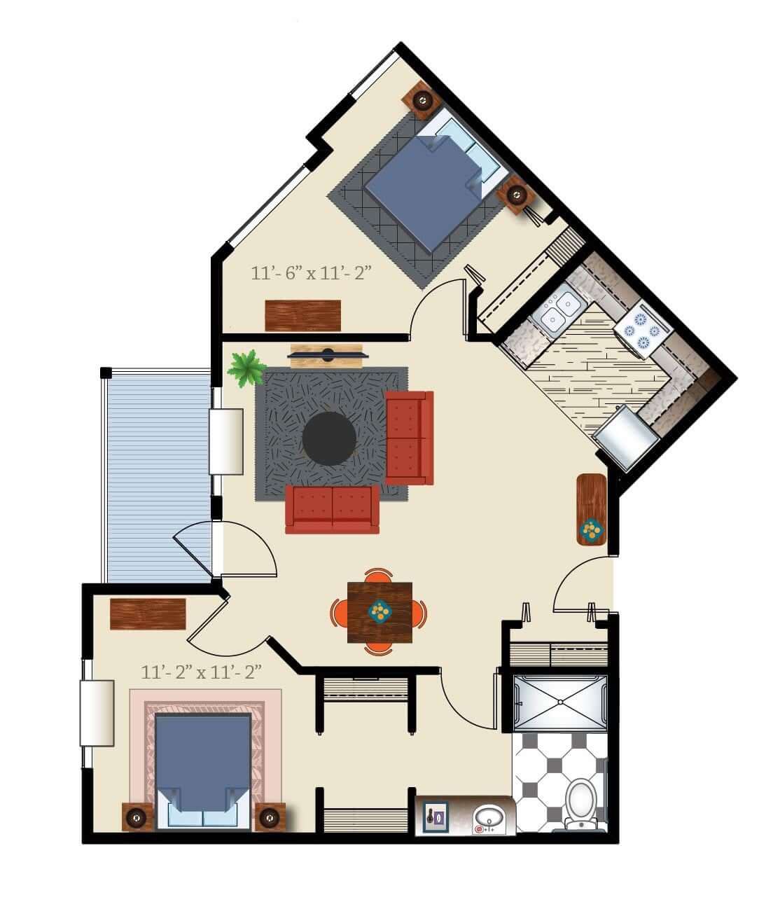 A floor plan of an apartment with two bedrooms, a living room, kitchen, and bathroom.