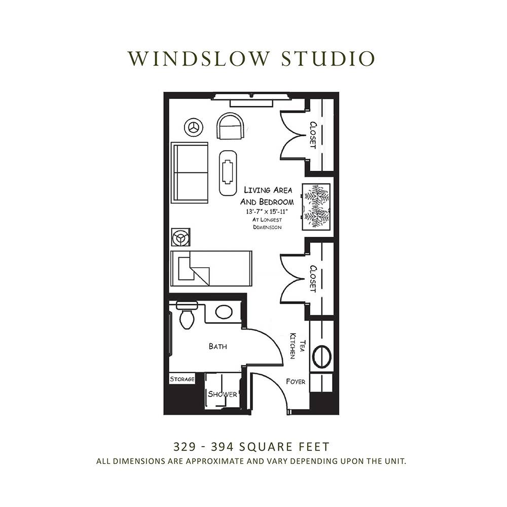 A floor plan of the Windslo Studio, illustrating a compact studio apartment layout with designated areas for living, kitchen, and bathroom.