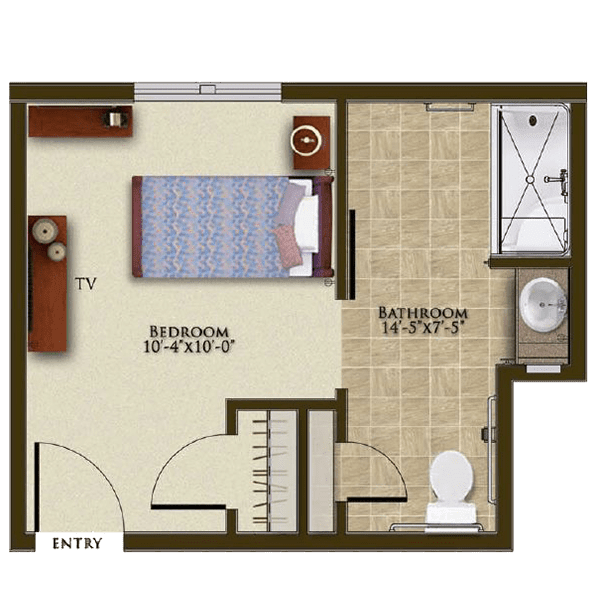 A compact floor plan featuring a bedroom and an adjoining bathroom.