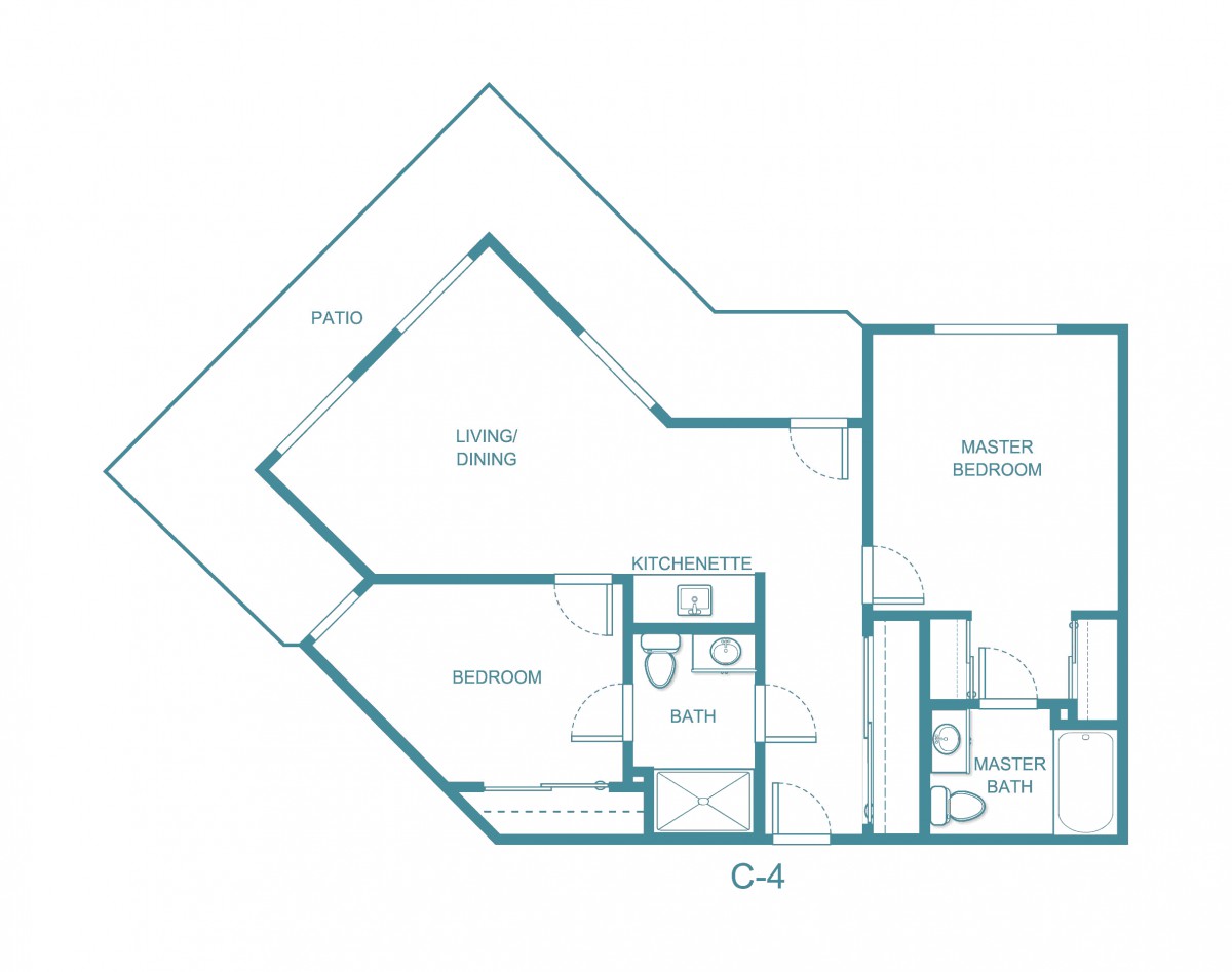 An architectural floor plan of an apartment featuring two bedrooms, a living/dining area, a kitchen, and bathrooms.