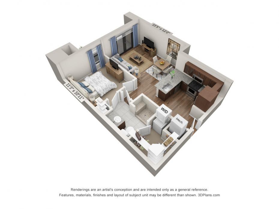 3D floor plan of a one-bedroom apartment showcasing the living room, kitchen, and bathroom.