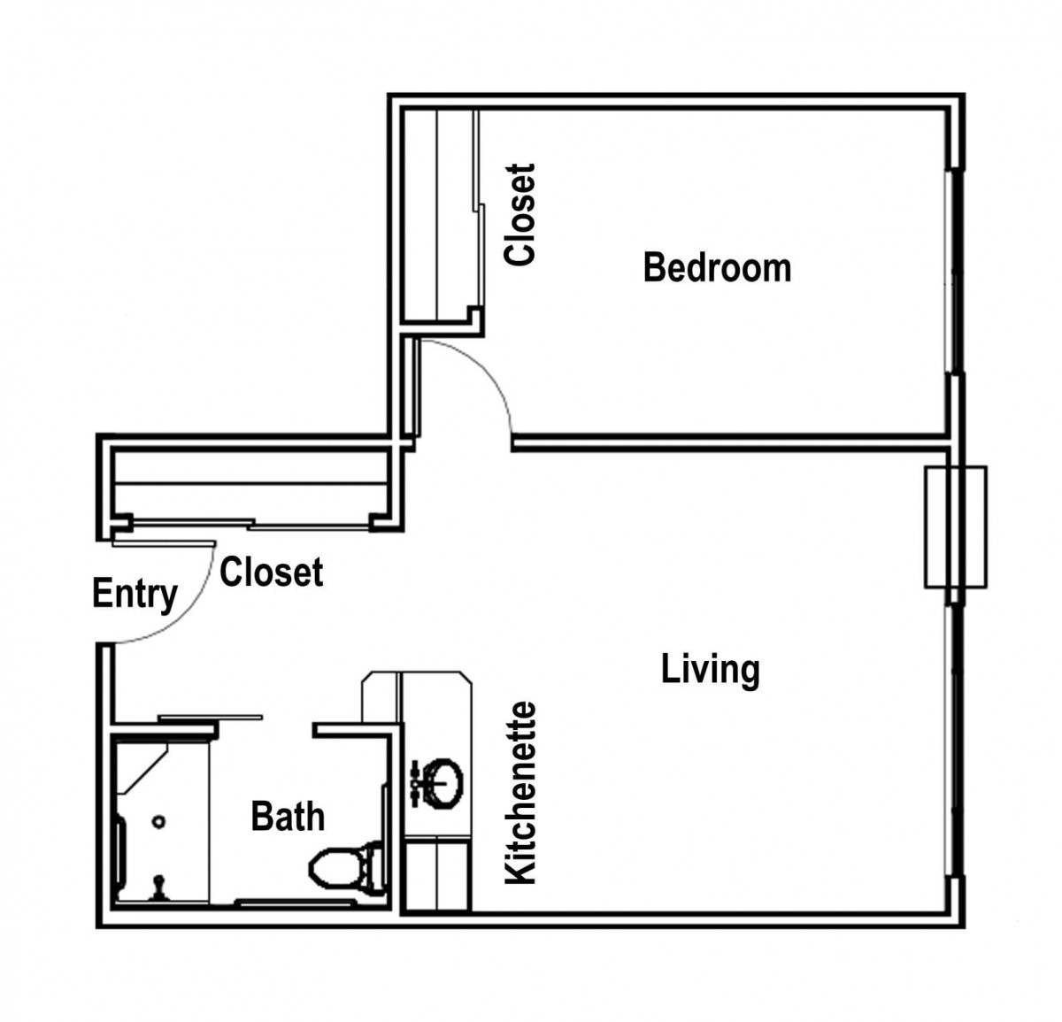 A simple floor plan of a one-bedroom apartment with living, kitchen, and bath areas.