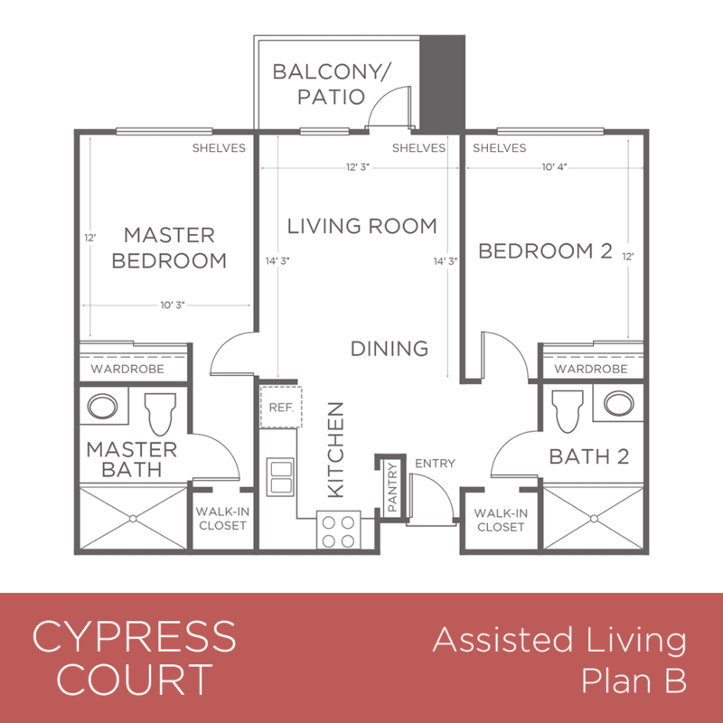 Assisted Living Plan B floor plan for Cypress Court, featuring two bedrooms and a balcony/patio.