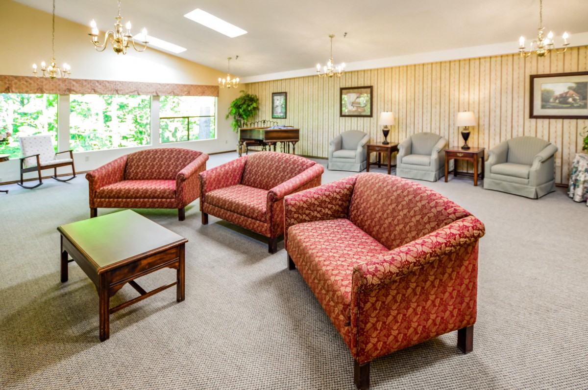 A cozy living room with red-patterned sofas and elegant decor.