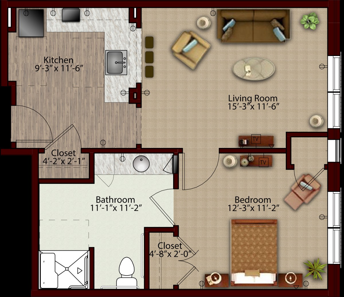 A detailed floor plan of an apartment featuring a kitchen, living room, bathroom, and two bedrooms.