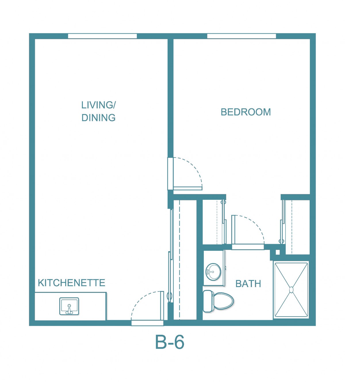 A floor plan of a one-bedroom apartment with a living/dining area, kitchenette, bathroom, and bedroom.