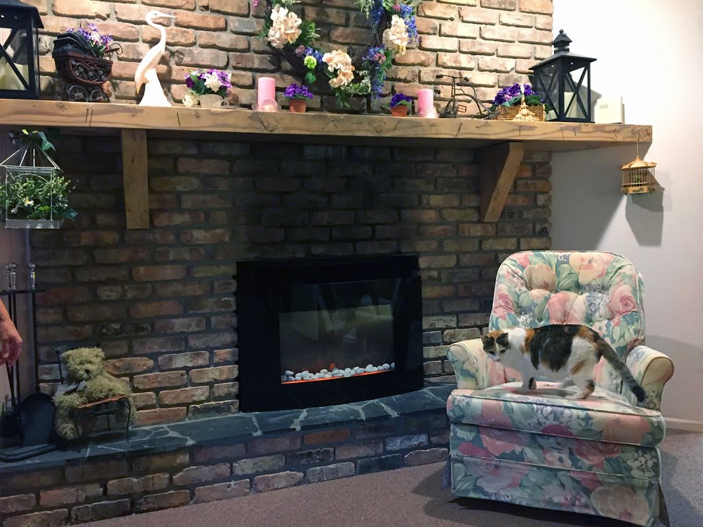A cozy living room with a brick fireplace, floral decorations on the mantel, a patterned chair, and a cat perched on the armrest.