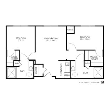 A floor plan of a two-bedroom apartment with labeled rooms and dimensions.