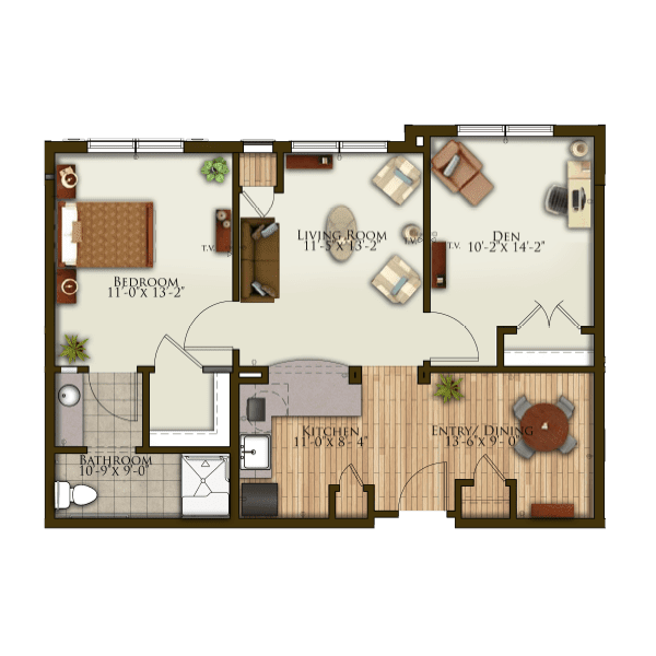 A detailed floor plan of a one-bedroom apartment with living room, kitchen, dining area, and bathroom.