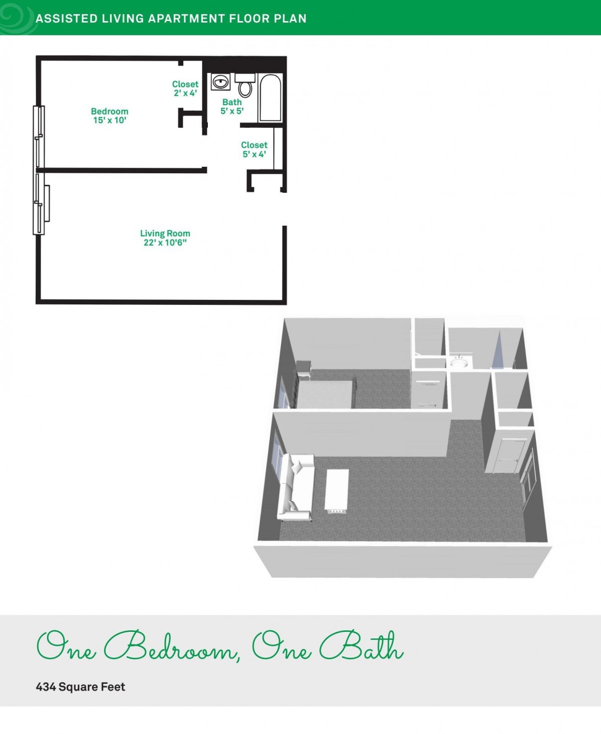 One Bedroom, One Bath Apartment Floor Plan with a 3D View