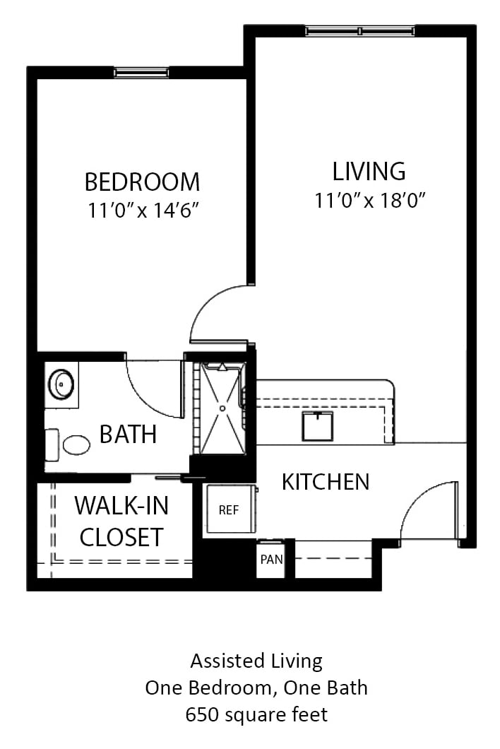 A floor plan of a one-bedroom apartment featuring a living room, kitchen, bathroom, and walk-in closet.
