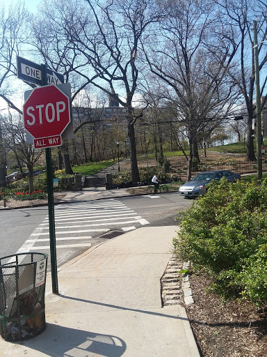 A view of a street intersection featuring a stop sign, vehicle, and surrounding greenery.