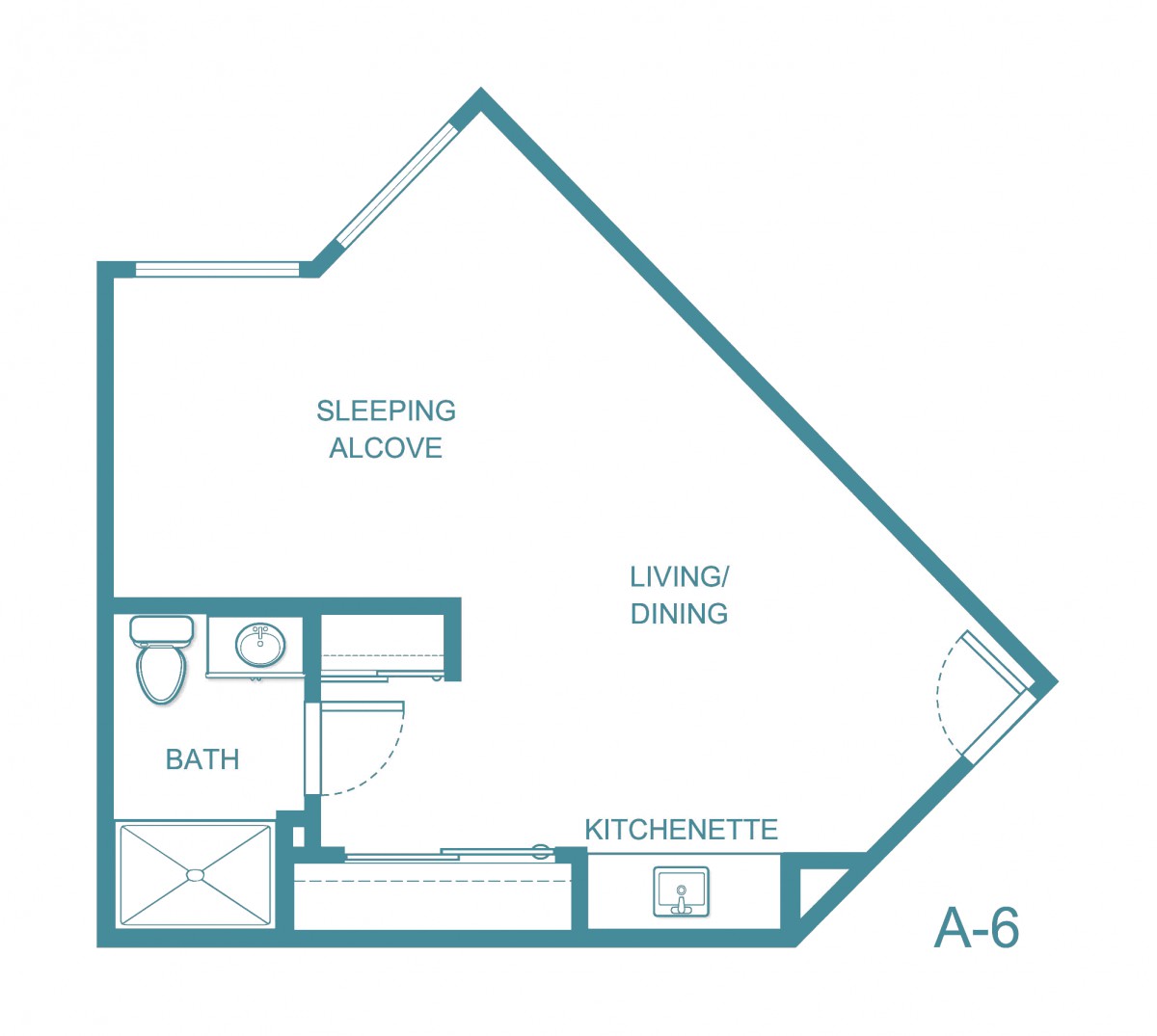 Studio apartment floor plan with a sleeping alcove and kitchenette.