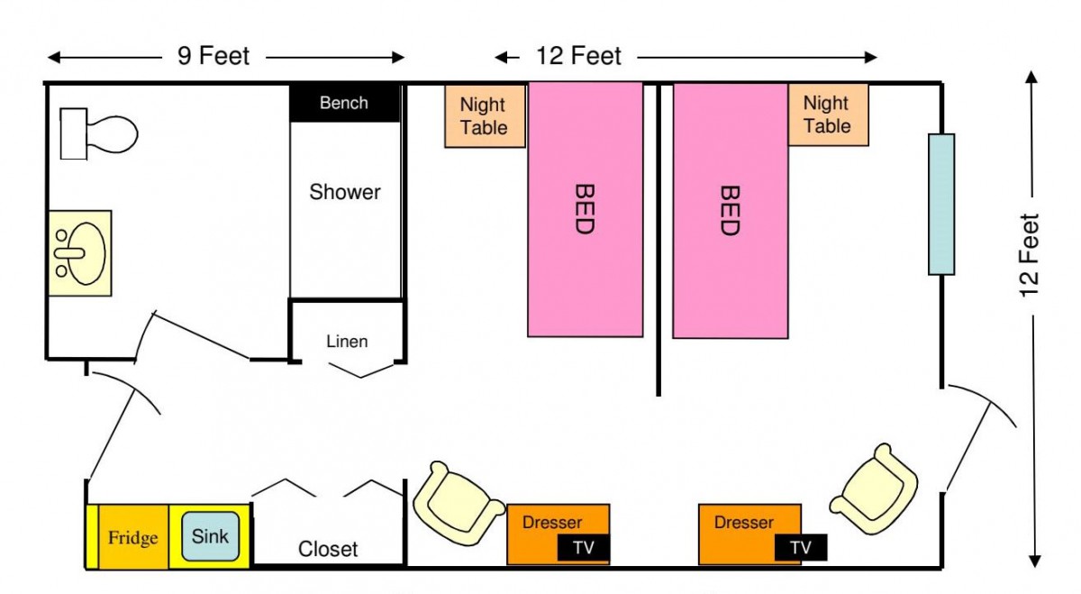 Floor plan illustrating a bedroom layout with twin beds and adjacent furniture.