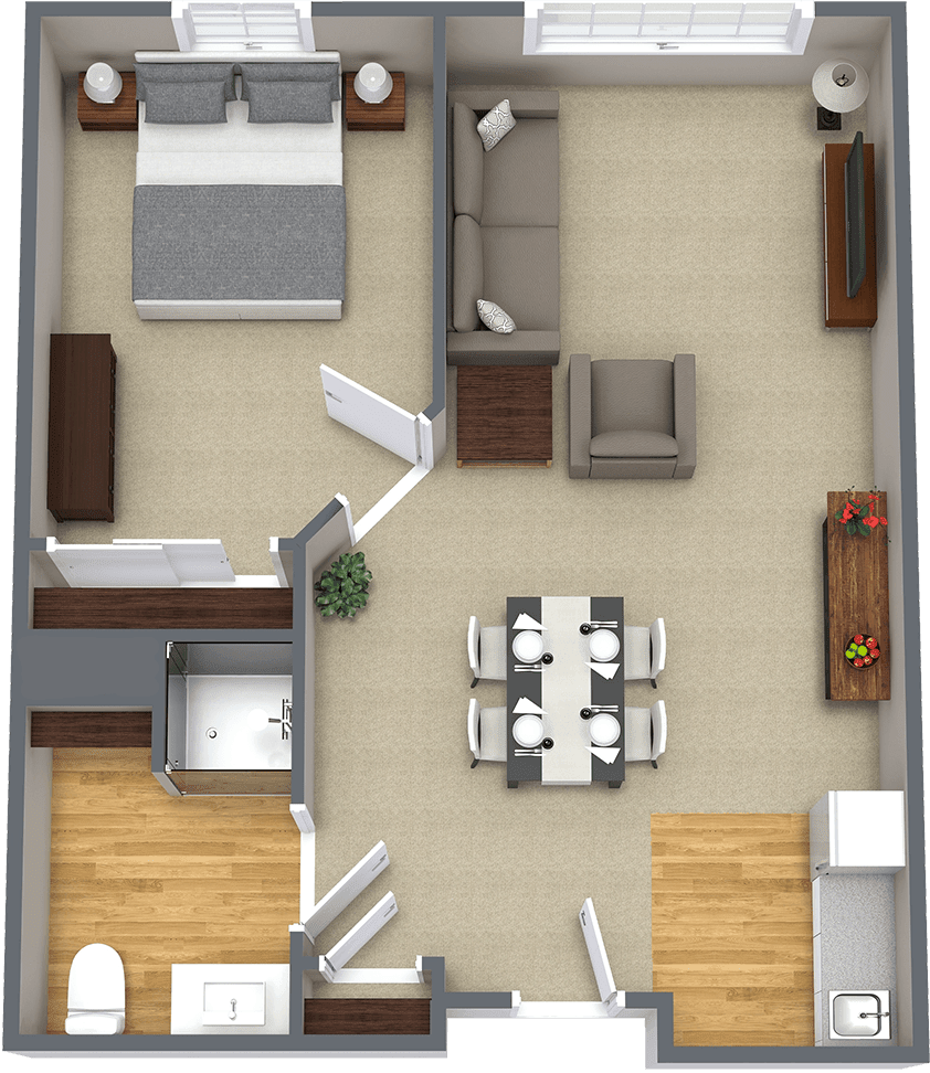 A simplified floor plan of an apartment featuring a bedroom, living room, dining area, and bathroom.