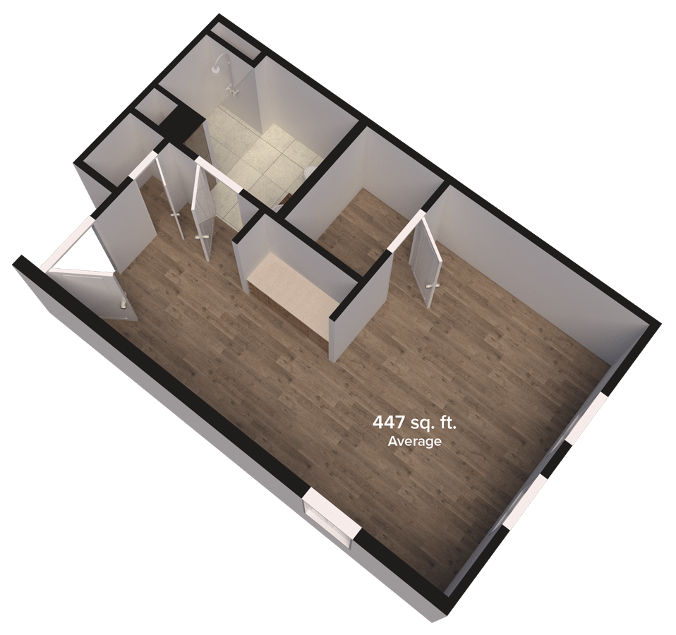 3D floor plan of a room with labeled dimensions.