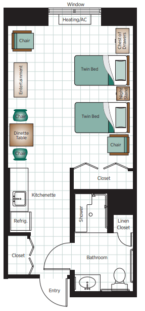 Studio apartment floor plan layout with furniture placement.