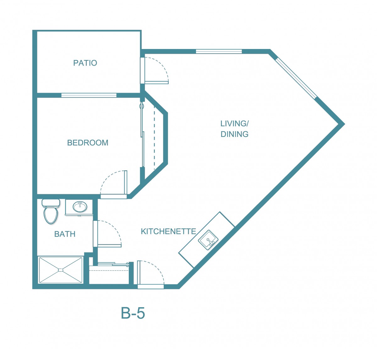 A floor plan of a one-bedroom apartment with a kitchen, bathroom, and living area.