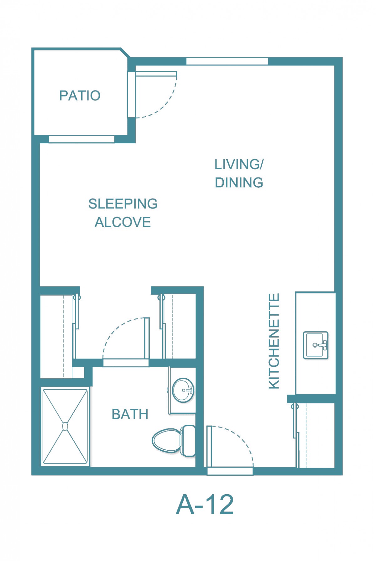 A floor plan layout of a studio apartment with labeled areas including a patio, living/dining area, sleeping alcove, kitchenette, and bathroom.