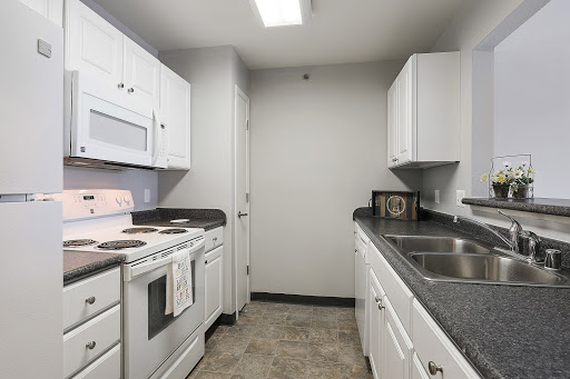 A modern kitchen featuring white cabinetry and essential appliances.