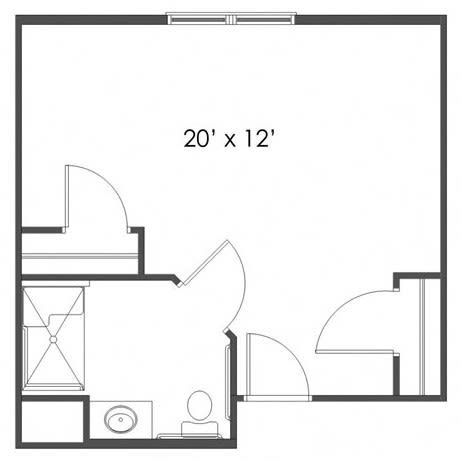 A floor plan of a room measuring 20 by 12 feet with an attached bathroom.