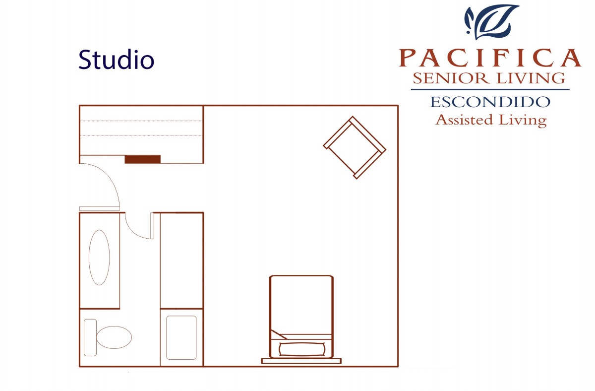 Floor plan of a studio apartment by Pacifica Senior Living Escondido.