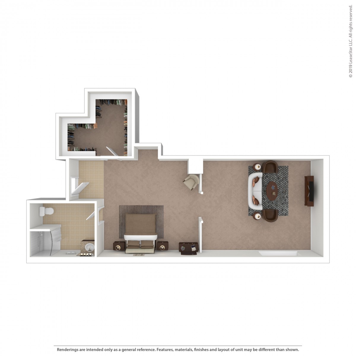 A detailed floor plan of a one-bedroom apartment with furniture layout.
