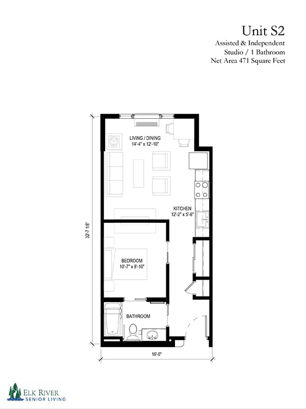 A detailed floor plan of a studio apartment with designated areas for living, kitchen, bathroom, and bedroom.